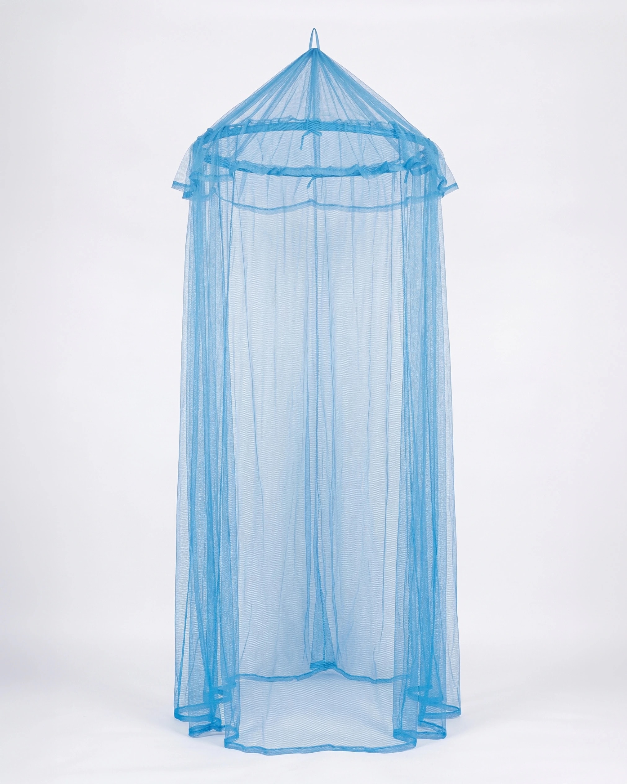 Blue Hero mosquito net with a rounded top support and long hanging mesh.