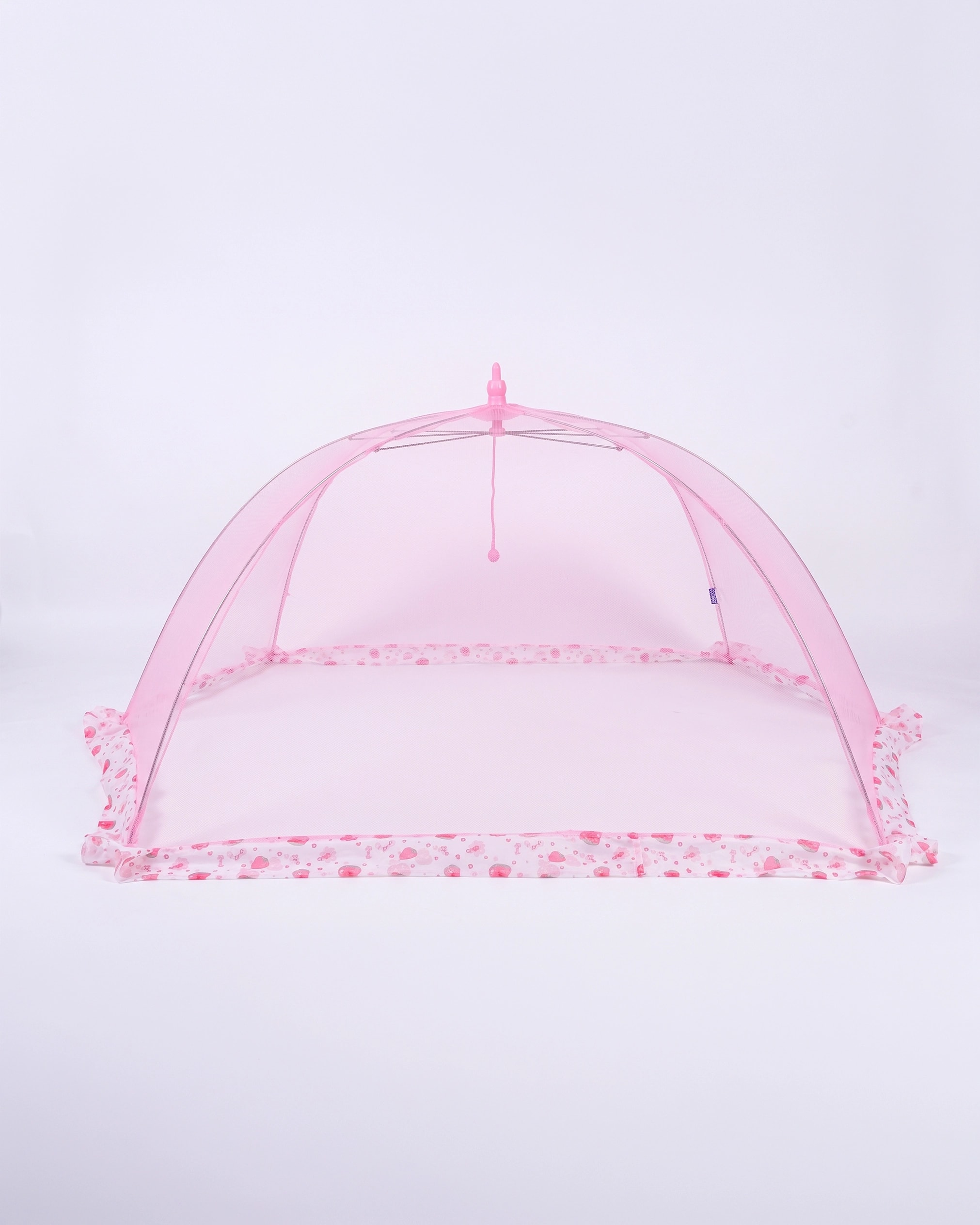 Pink Plain Angel Net with a dome-shaped frame and patterned trim along the base.