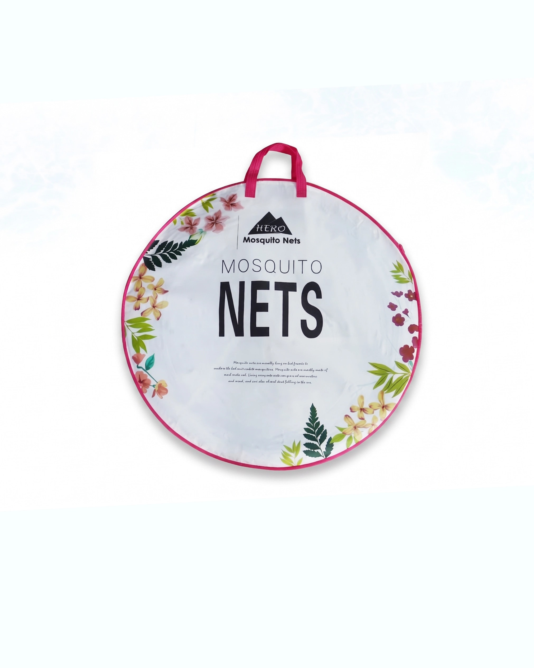 Premium Pop-Up Net packed in a round carry bag with pink trim, floral edging, and a top handle.